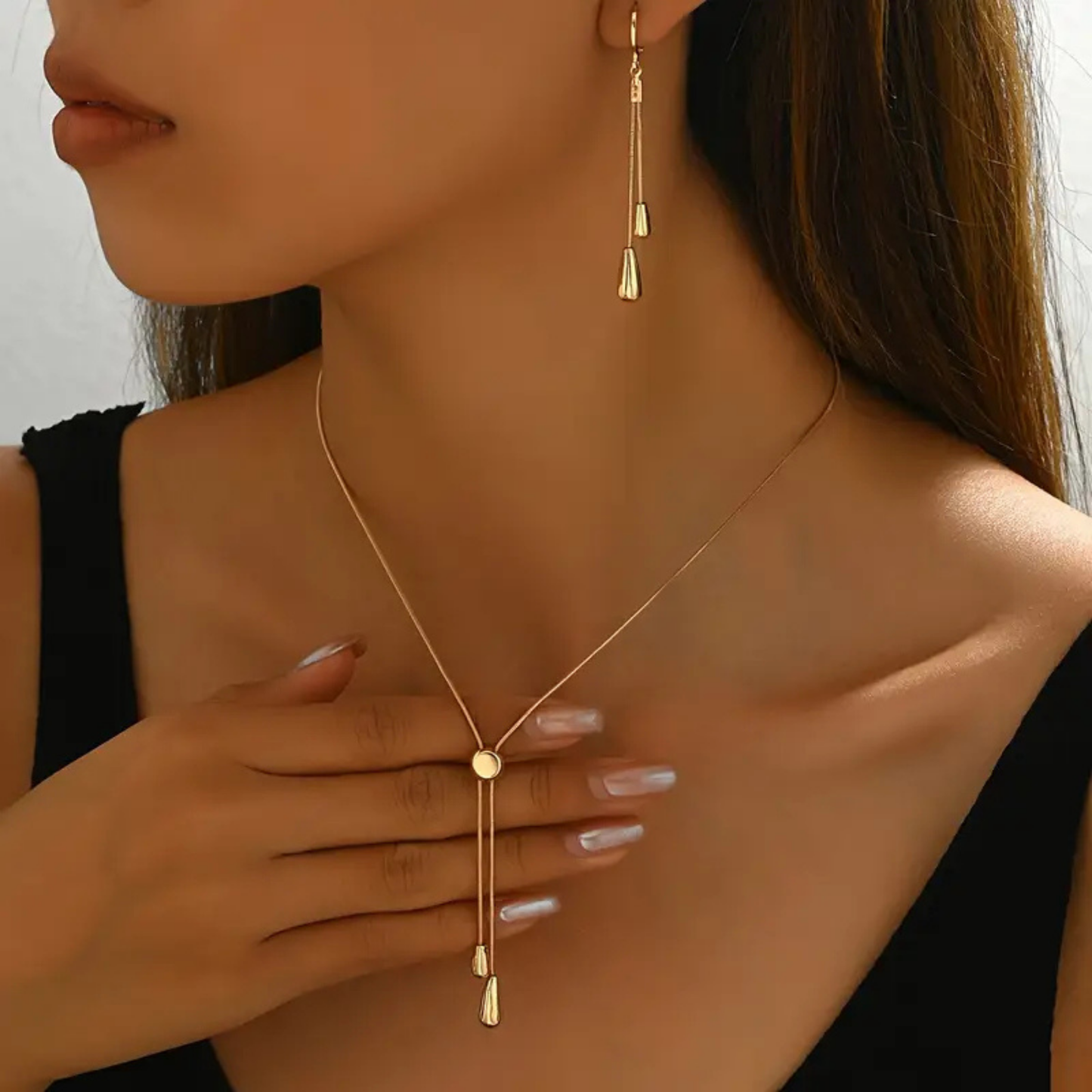 Gold çelik küpe kolye set